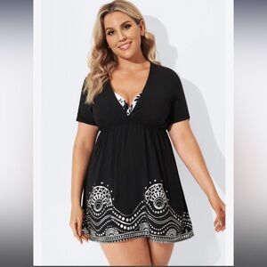 Meet.Curve Black Elastic Waistband V-Neck Cover Up Dress - size 3XL